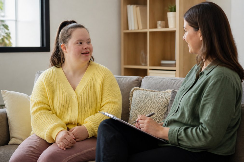 Forensic Disability Support Providers: Perth Guide 2 Support coordinator and participant having a one-on-one conversation in a comfortable, welcoming community setting, showing trust and professional care