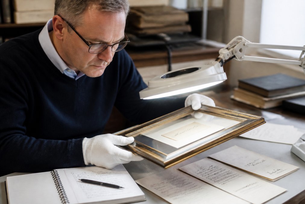 Forensic document examiner studying a vintage autograph with a magnifying lamp for handwriting analysis.