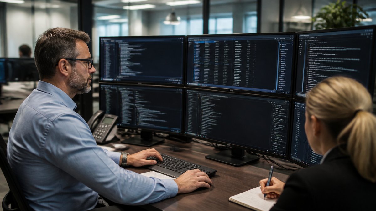 Forensic analysts reviewing AI agent logs using forensic investigation techniques for ai workflows in a secure center