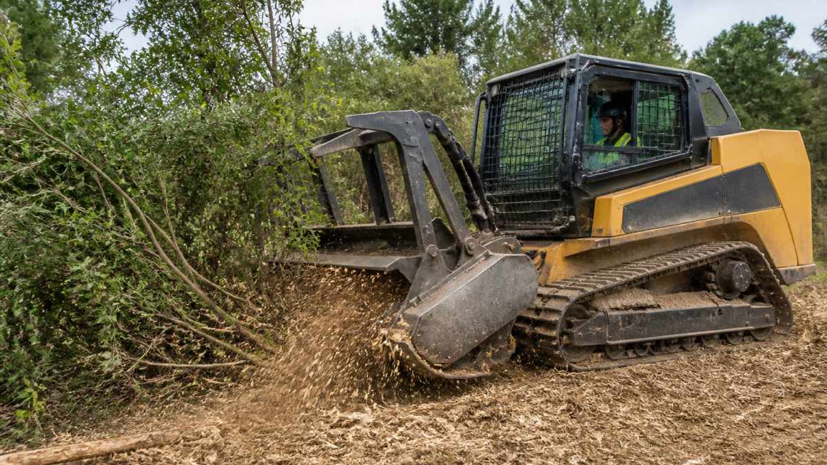 Heavy forestry mulching equipment grinding thick brush and overgrown vegetation into fine mulch on cleared acreage, with operator visible in cab