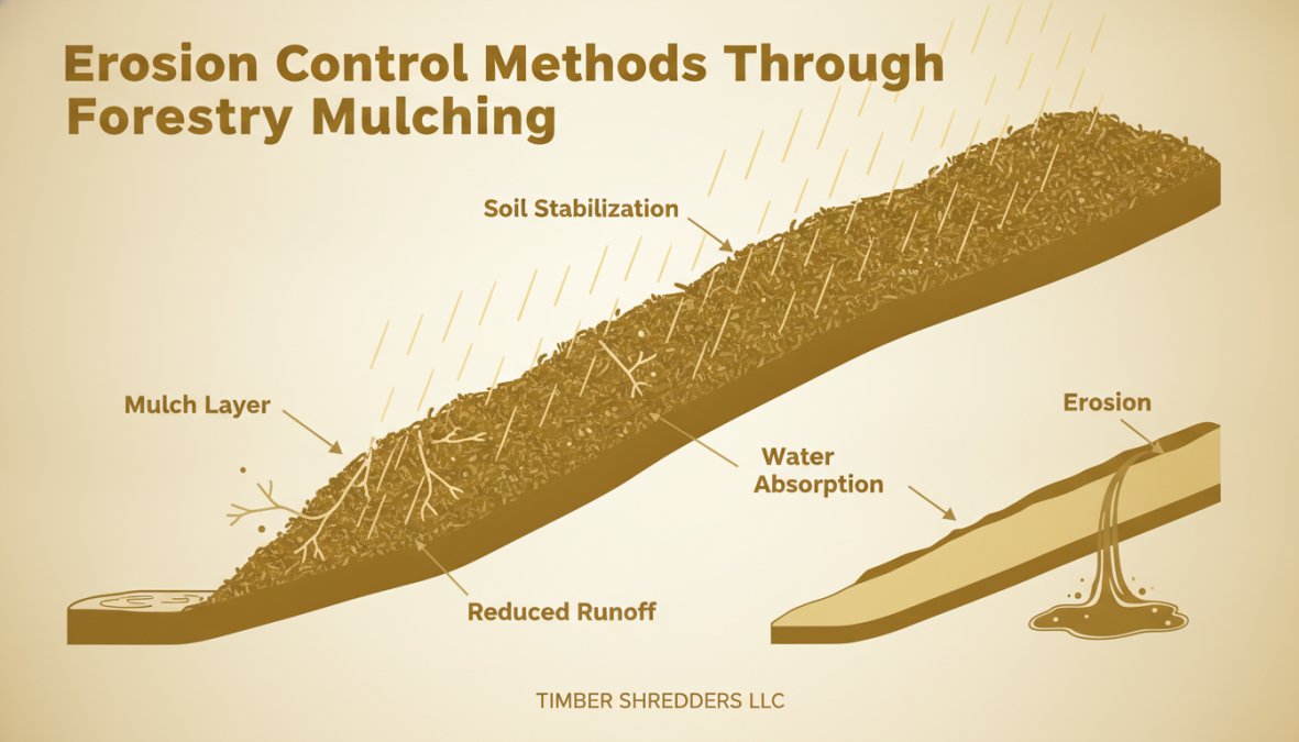 Close-up of freshly mulched ground on a hillside showing the protective mulch layer preventing soil runoff during rain