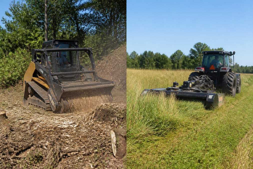Split scene showing a heavy-duty forestry mulcher grinding stumps and woody debris into fine mulch on the left side, and a rotary brush mower cutting tall grass on open pasture on the right side, bright daylight