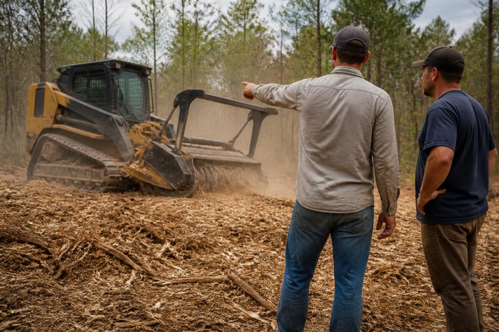 Professional forestry mulching equipment grinding dense vegetation and brush into fine mulch on an active land clearing site, with visible organic matter and wood chips covering the ground surface