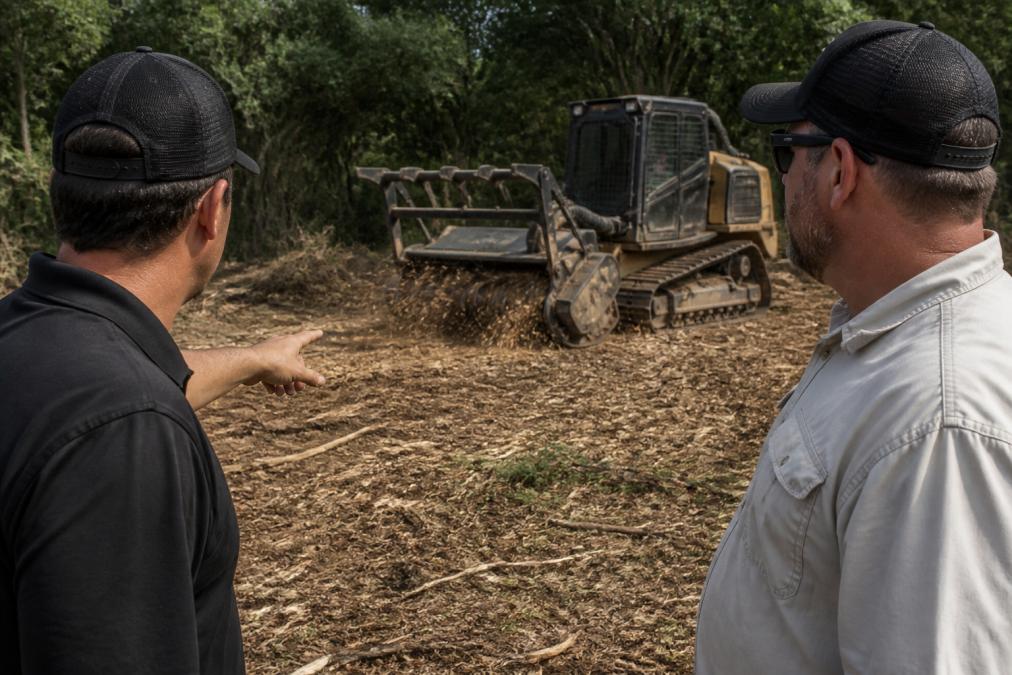 Heavy forestry mulching equipment actively grinding dense vegetation and brush into fine mulch across cleared land, with visible organic matter and wood chips covering the soil surface for erosion control