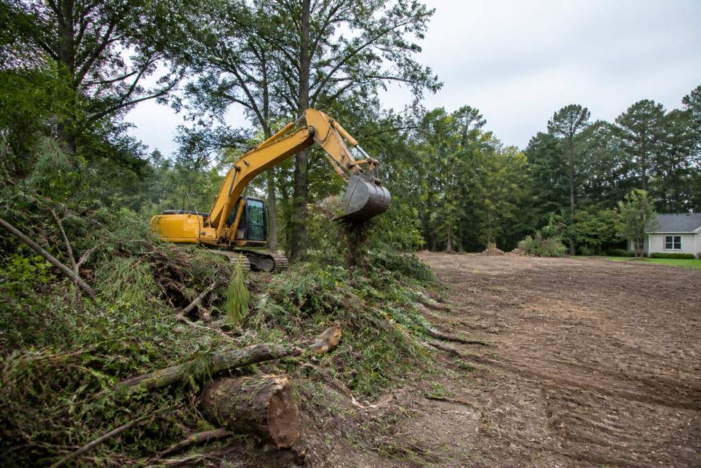 Heavy excavator clearing overgrown brush and thick trees on residential property, with debris pile visible and cleared bare ground in background, showing equipment scale and soil disturbance