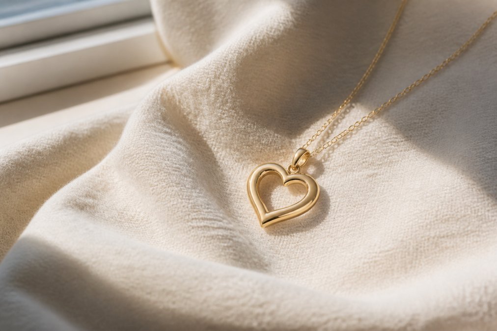 Delicate heart pendant necklace with polished finish resting on soft cream fabric, showing sparkle and shine in natural daylight through a window
