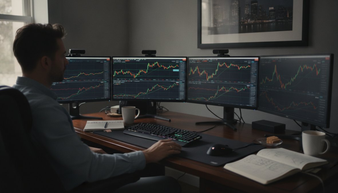 Trader analyzing multiple currency pair charts and market data on professional trading monitors in a modern trading room with natural daylight