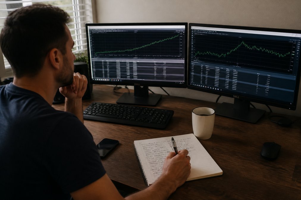 A trader at a dual-monitor desk reviewing backtest performance curves on screen, with a notebook showing handwritten strategy notes and a coffee mug nearby