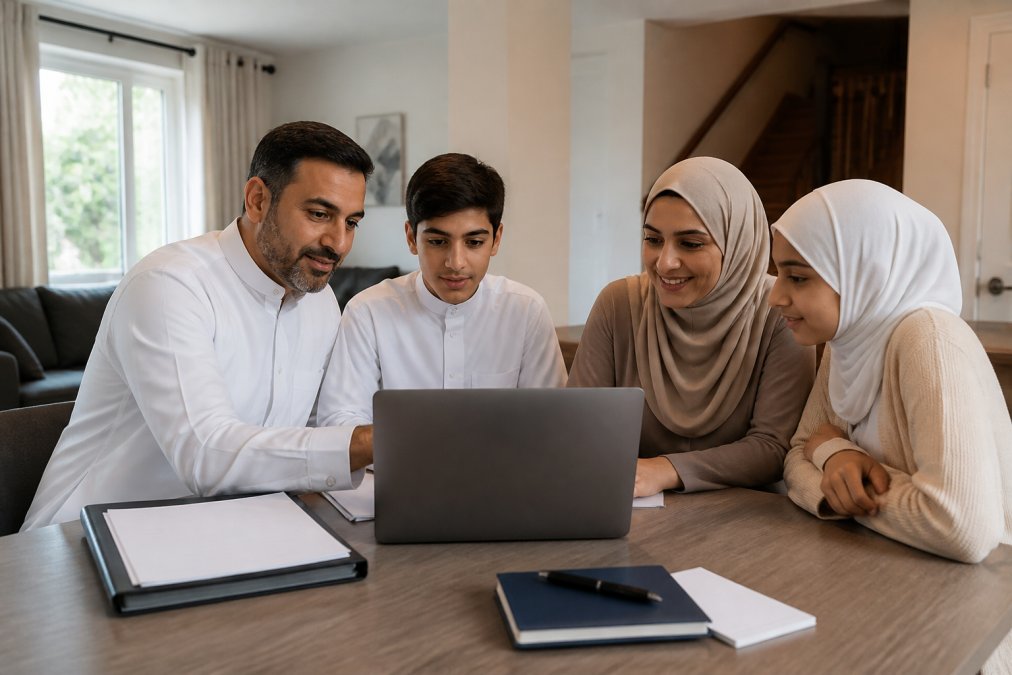 Famille préparant son inscription au forfait hajj économique sur ordinateur via le portail Nusuk 2027.