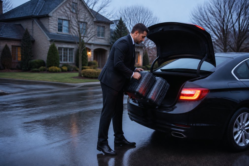 Un chauffeur professionnel en veste propre chargeant deux valises rigides dans le coffre d'une berline noire devant une résidence de banlieue, lumière bleutée du petit matin, rue calme et mouillée