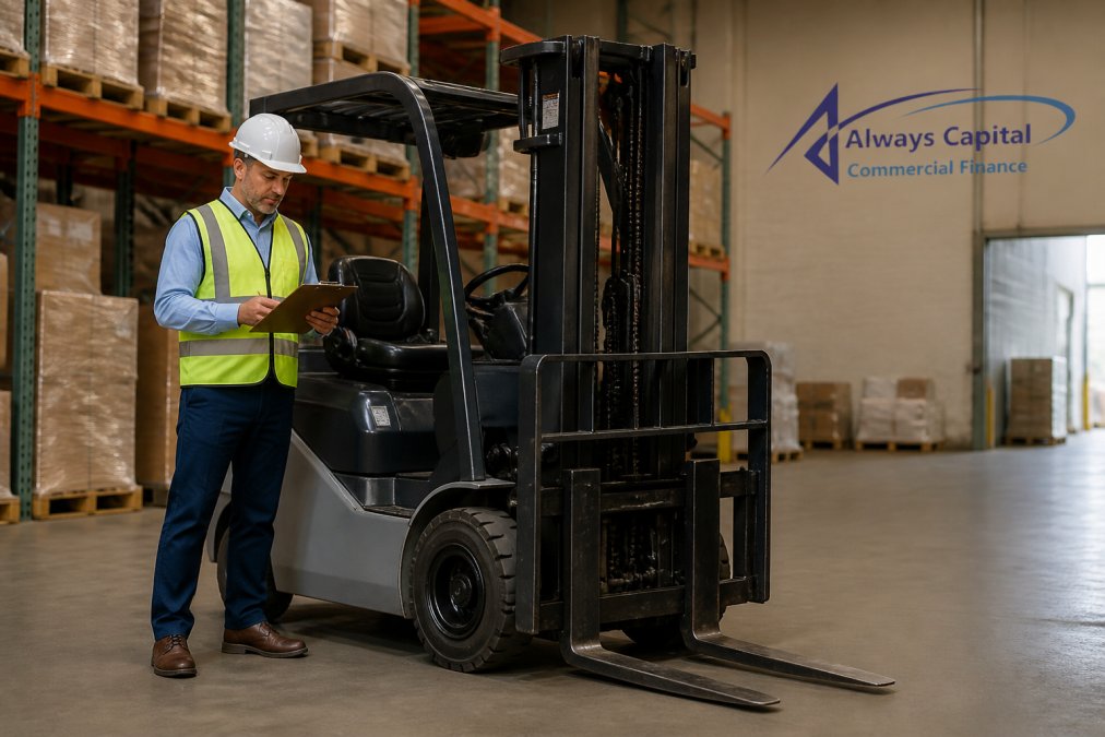 Warehouse supervisor reviewing forklift financing documents on a clipboard in a bright distribution center
