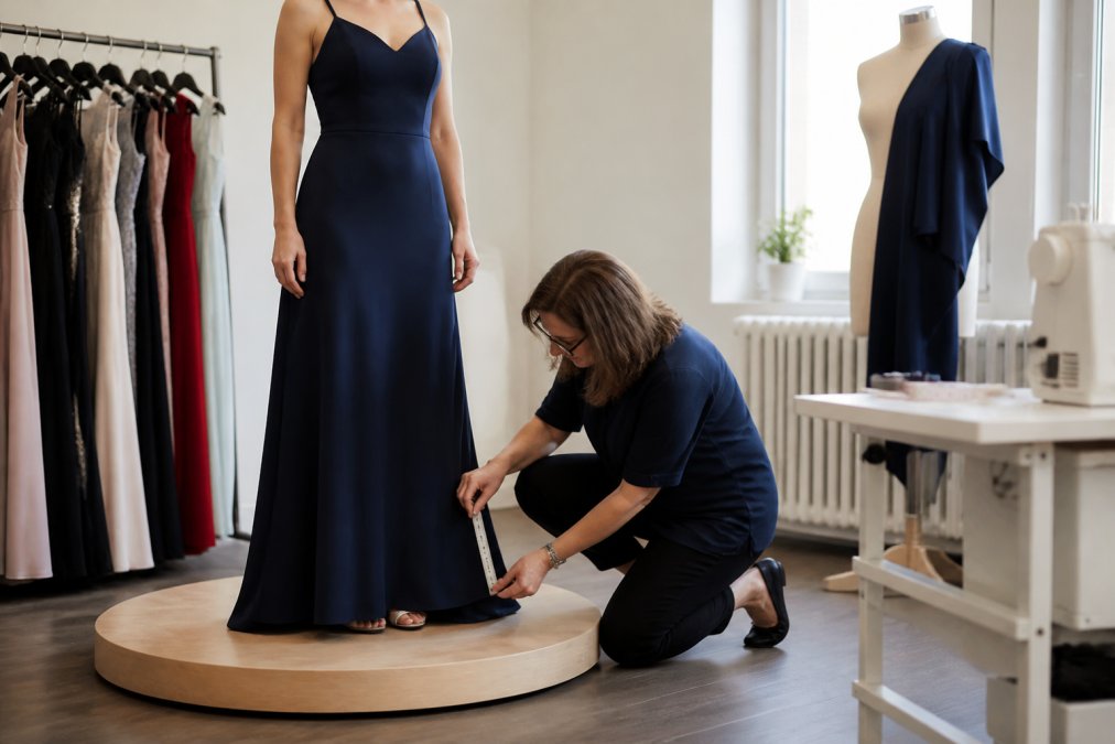 Seamstress pinning the hem of an evening gown for formal dress alterations on a client standing on a platform.