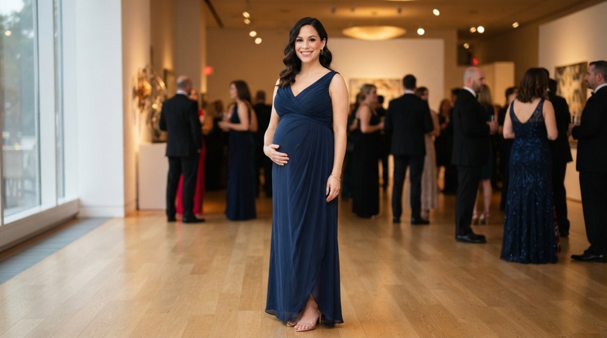 Pregnant woman wearing an elegant draped formal gown at an event, smiling confidently whilst posing for the camera in soft natural lighting