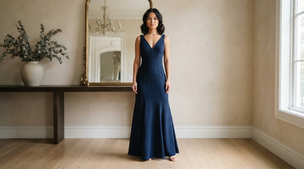 Petite woman wearing a sleek A-line formal gown with vertical seaming and deep V-neckline, standing against a neutral backdrop to showcase how the elongating silhouette flatters a shorter frame with refined posture