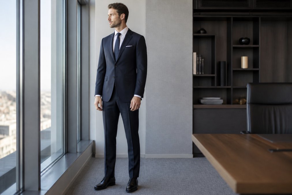 Tall man in well-fitted formal suit standing in professional office setting, showing proper jacket length reaching to knuckles, sleeves ending at wrist bone, shoulders squared, and trousers breaking cleanly at shoe line with natural lighting from large windows