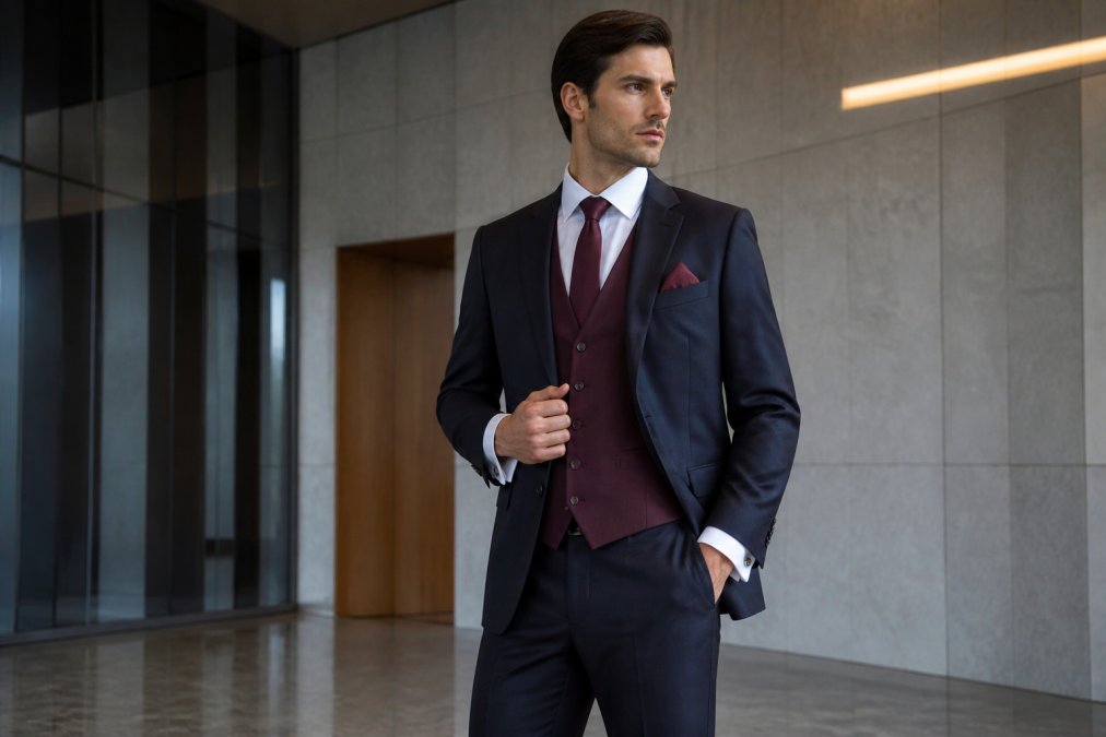 Tall man dressed in complete three-piece formal suit with burgundy waistcoat, showing how layering creates visual balance across extended torso, wearing coordinated cufflinks and pocket square, standing in professional setting with neutral background