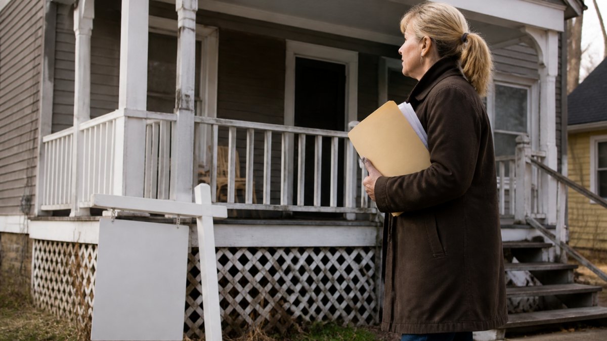 Person holding legal documents for a small estate affidavit in Kansas while standing on the porch of an inherited home.