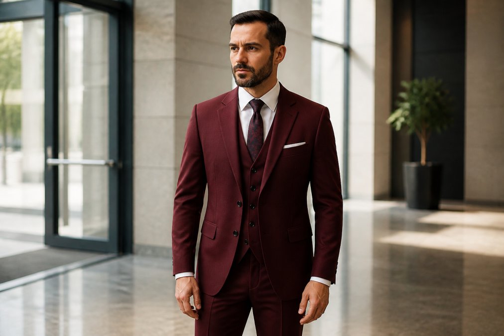 Professional man in well-fitted navy business suit with crisp white dress shirt and burgundy tie standing confidently in modern office lobby with natural lighting, hands relaxed at sides