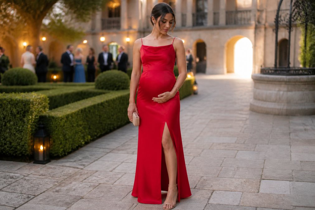 Pregnant woman wearing an elegant draped maxi gown at a formal event, flowing fabric gracefully accommodating the bump whilst maintaining refined sophistication
