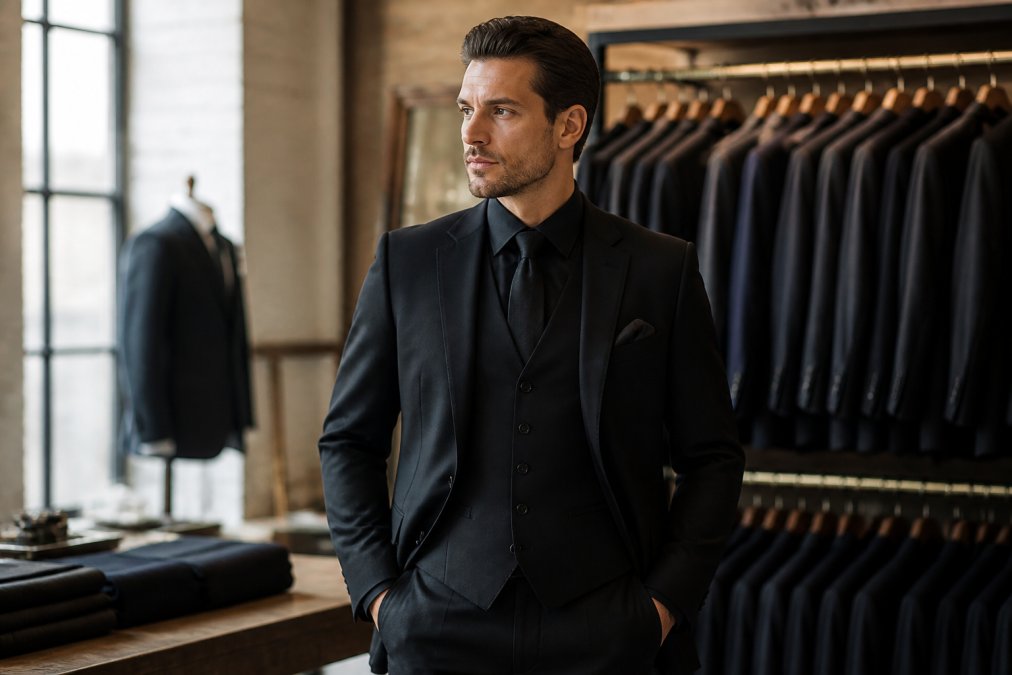 A well-dressed man in a complete black suit with matching vest, tie, and pocket square standing in a bright tailoring studio, with a rack of suits visible in the background