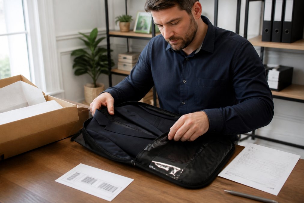 A man in a well-lit home office carefully folding a dark suit jacket into its original garment bag, with a printed return label and order confirmation email visible on the desk beside him