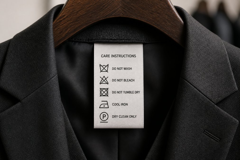 Close-up of a dry-cleaning care tag attached to the collar of a dark formal suit jacket hanging on a wooden hanger in warm indoor lighting, showing care instruction symbols clearly