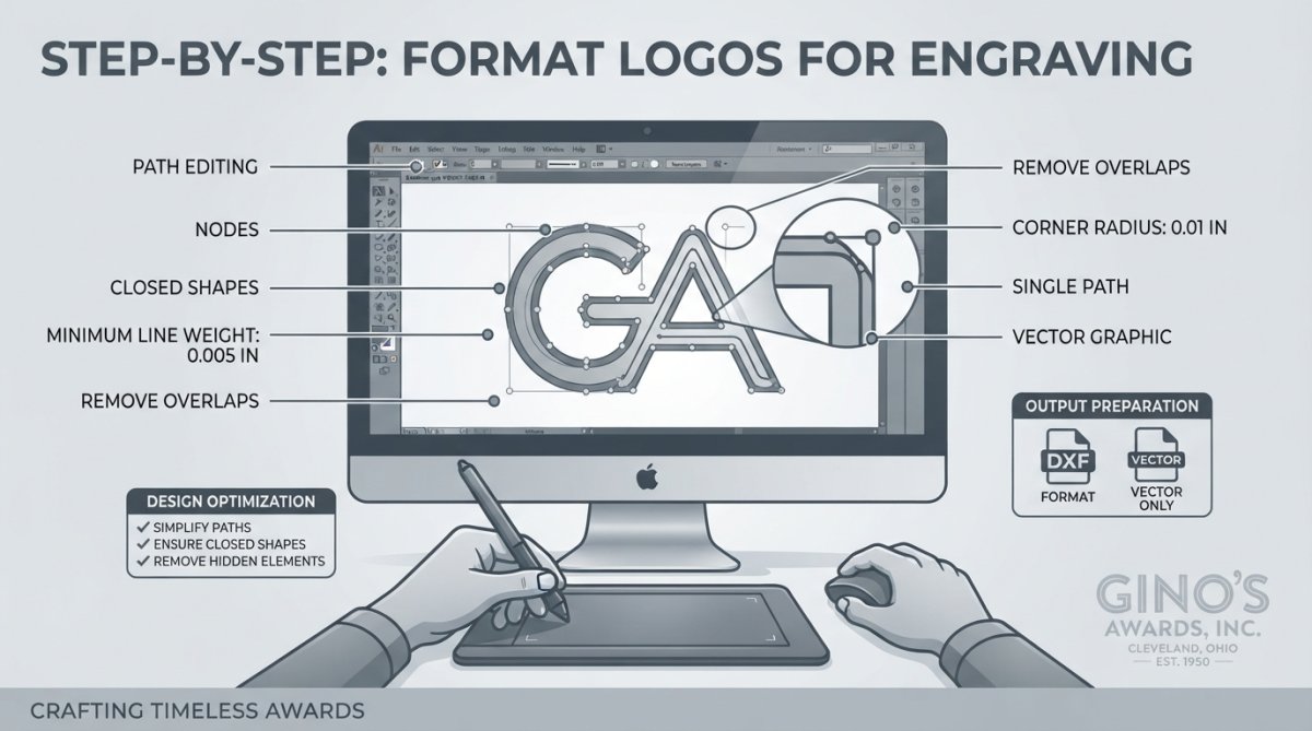 Close-up of a designer's hands working on a computer screen showing vector logo editing software with paths and nodes visible, cursor hovering over text conversion options