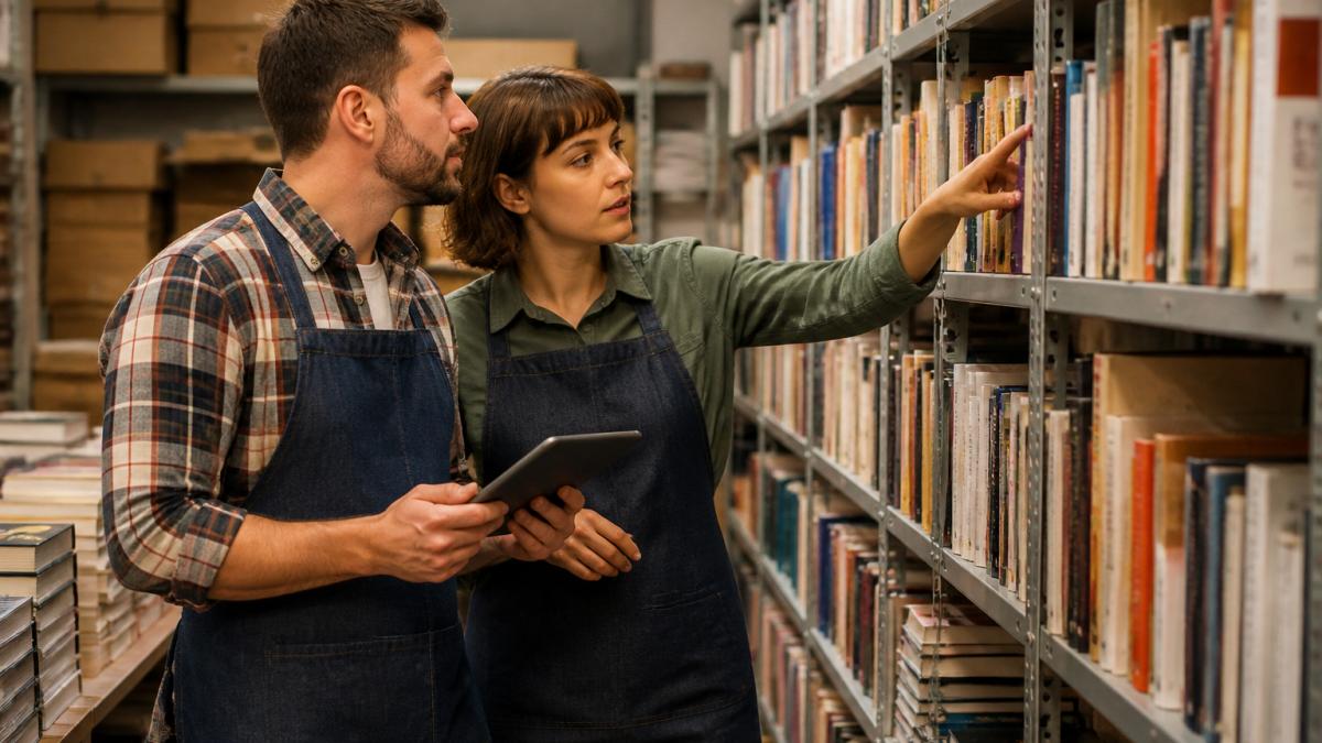 Due librai in grembiule davanti a uno scaffale di libreria, uno con un tablet e l'altro che indica un volume, mentre simulano un prelievo ordine e confrontano l'ubicazione sullo schermo