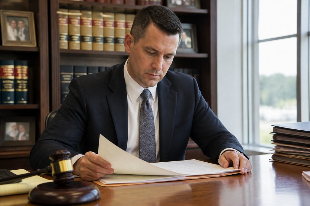A former prosecutor in a suit reviews legal case files at a wooden desk in a law office.