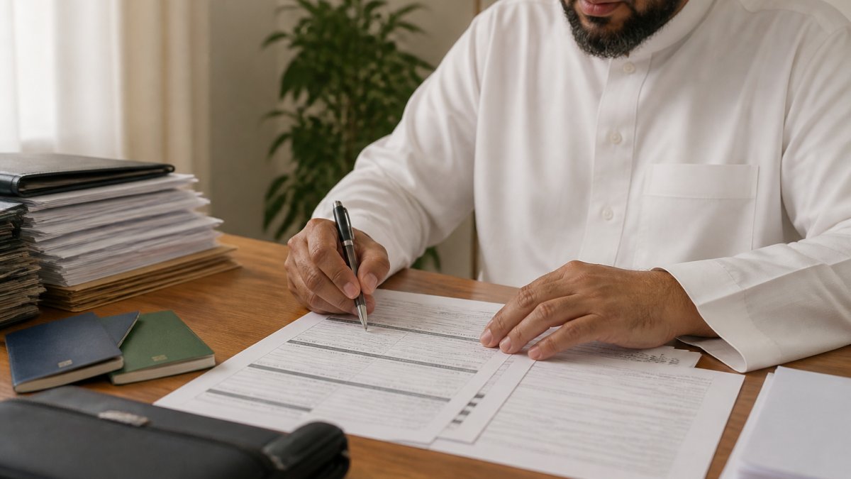 Personne remplissant des formulaires de demande Hajj sur un ordinateur portable dans un espace de travail calme.