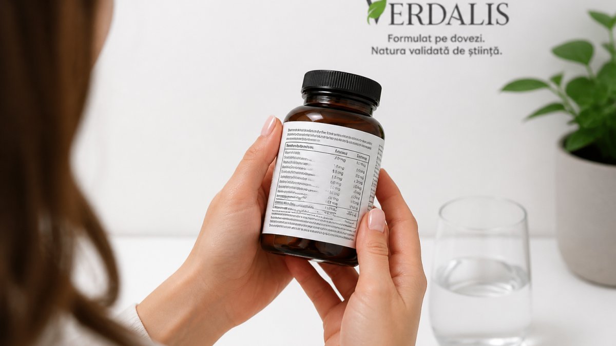 Mâini care țin o sticlă cu formule complexe suplimente pentru sănătatea articulațiilor pe un fundal alb curat