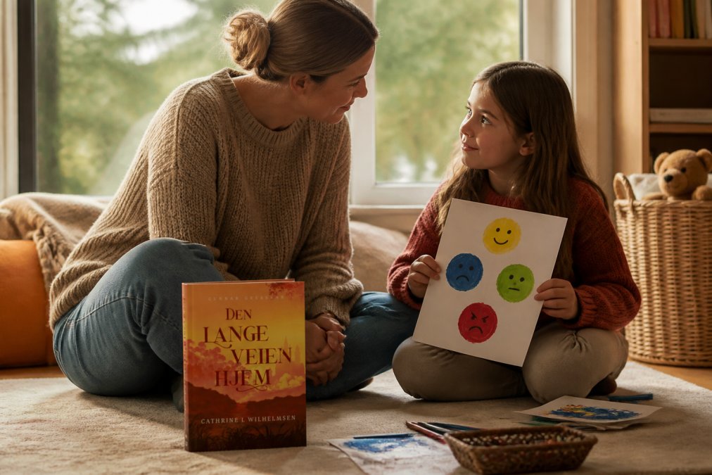 En voksen og barn sitter sammen på et teppe med naturlig lys fra et vindu, barnet holder en tegning av farger og følelser, de snakker stille og åpent med varme blikk og avslappet kroppsspråk