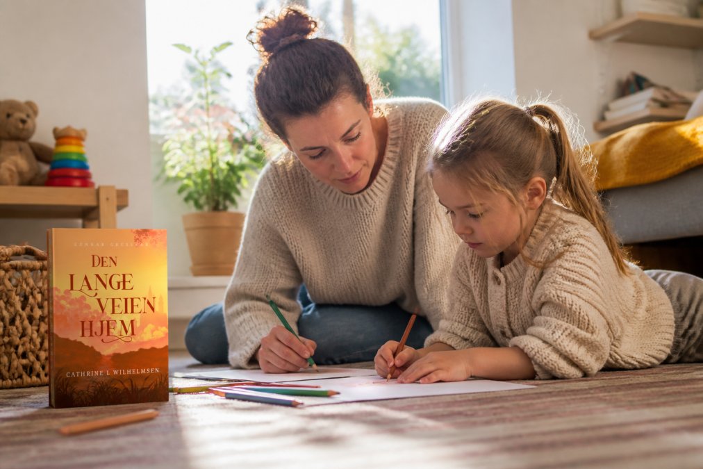 Et barn og en voksen sitter på gulvet med fargede blyanter og papir, de tegner sammen, barnet konsentrerer seg om sin tegning med rolig ansiktsuttrykk, varmt lys fra vinduet