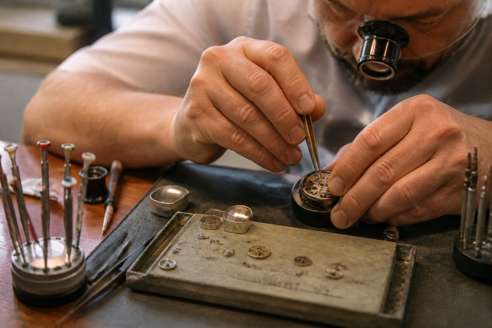 A watchmaker's hands using precision tweezers and a loupe on an open mechanical watch movement at a well-lit workbench, small screws and gears arranged on a felt tray
