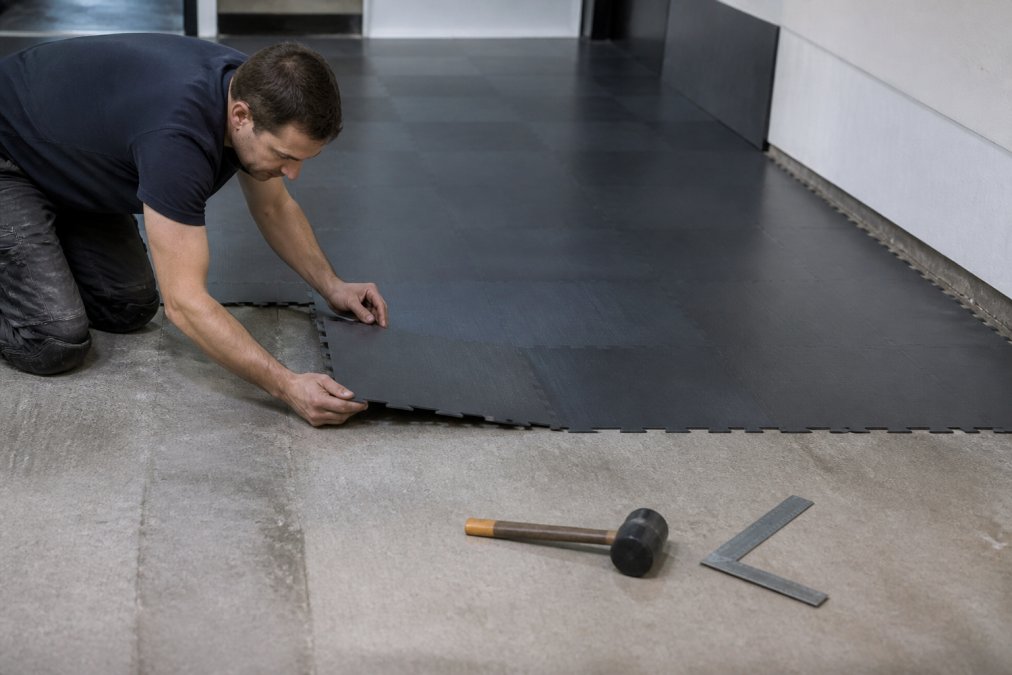 Fortelock vs Danish Floor System: Sammenligning 2 Håndværker der installerer PVC-klikfliser på et industrielt gulv, hvor fliser forbindes sammen ved hjælp af kliksystemet, værktøj ligger på siden, og undergulvet er forberedt