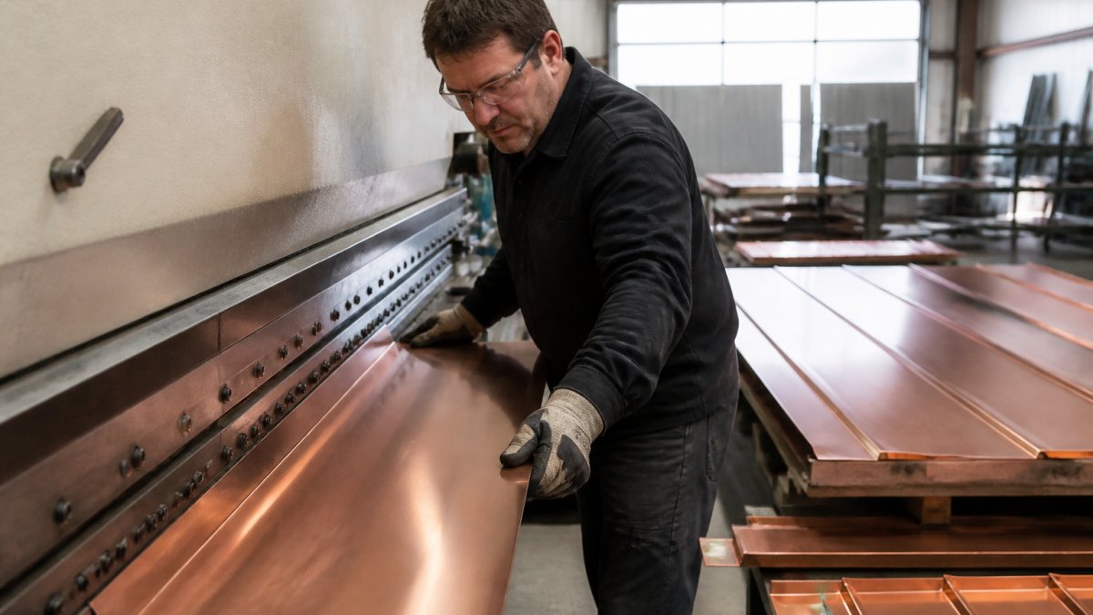 A sheet metal craftsman in safety glasses and gloves bending a long copper panel on a shop brake, with finished standing seam panels stacked behind him in a bright fabrication workshop