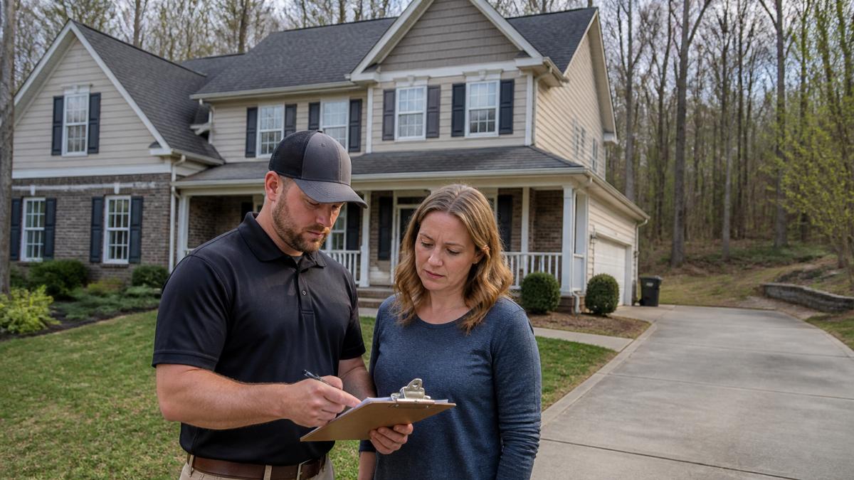 Roofing contractor and homeowner discussing a roofing alternative while reviewing inspection notes in Greeneville.