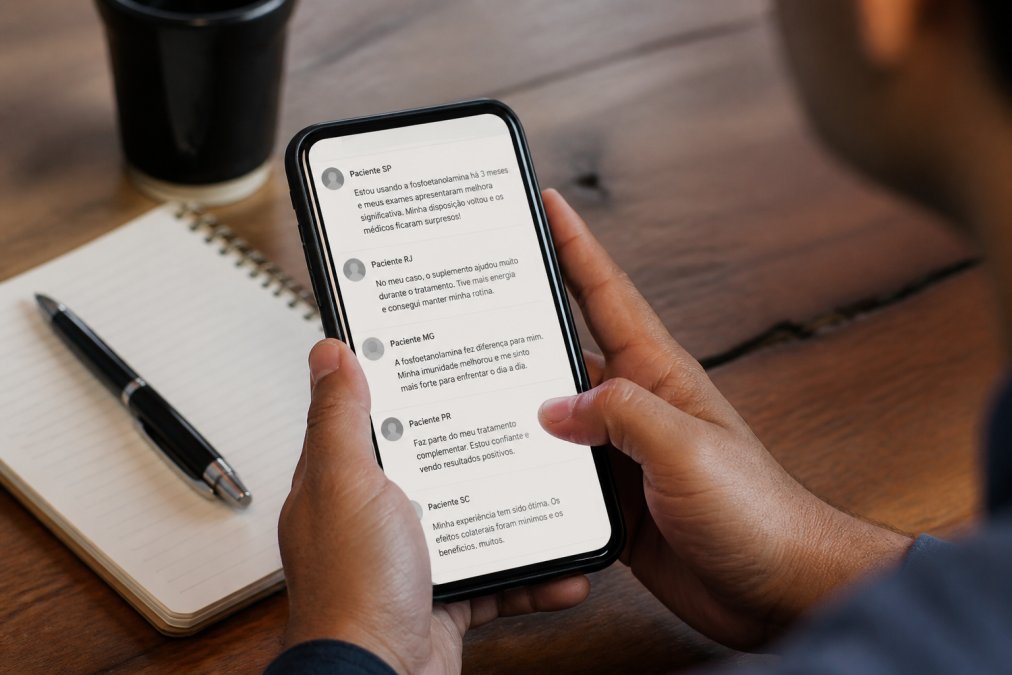Close-up of a person's hands holding a smartphone, scrolling through patient testimonials on a health forum, with a notebook and pen nearby on a wooden table