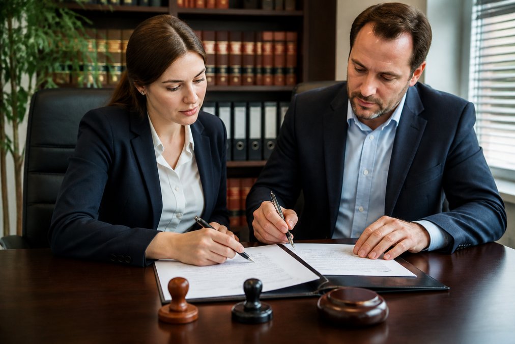 Diagram illustrating the German GmbH nominee shareholder process with a consultant reviewing legal documents.