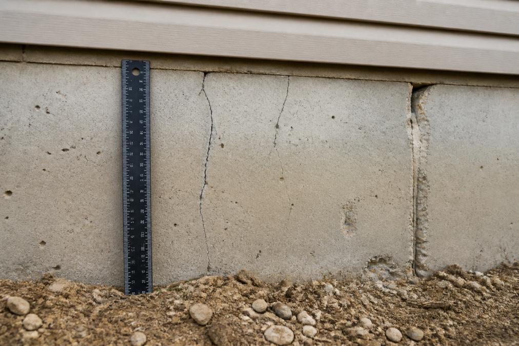 Close-up of foundation wall showing visible hairline cracks and slight bowing near concrete seam, with professional measuring tool in foreground for scale reference