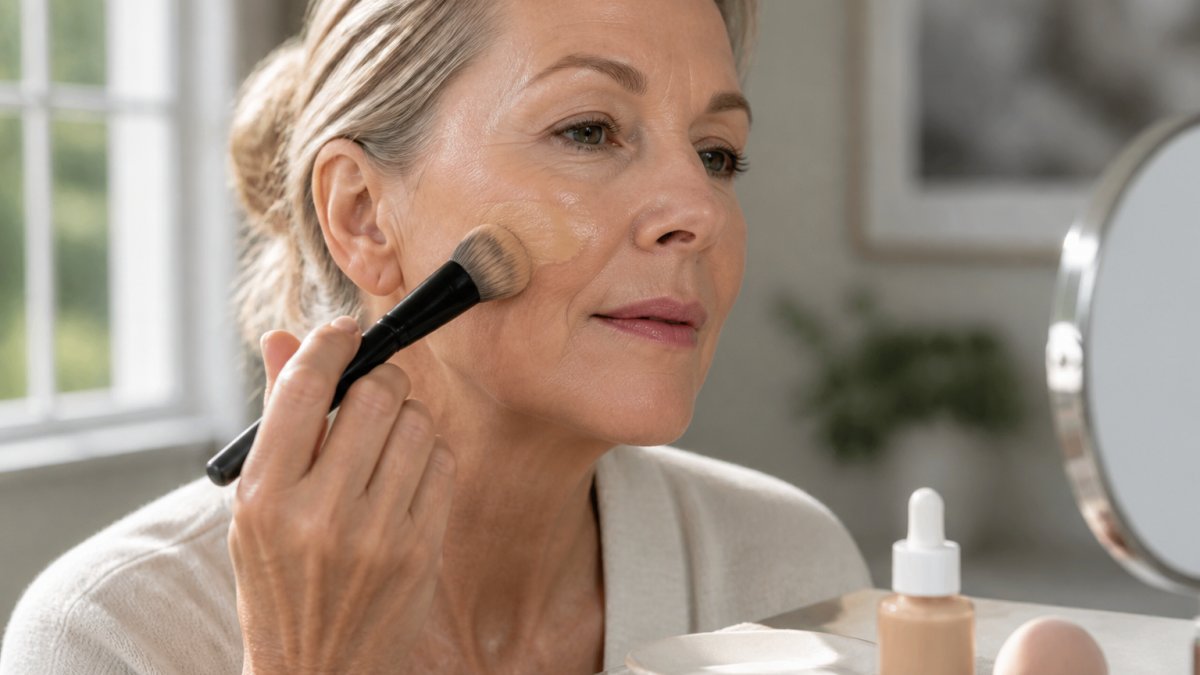 Mature woman using a brush to blend liquid foundation on her cheek and jawline in natural light