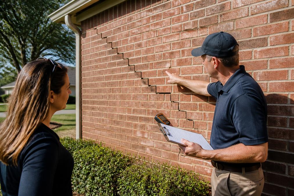 A home buyer and a licensed inspector examining a visible stair-step crack in the exterior brick wall of a Florida home, clipboard and moisture meter in hand, bright afternoon sunlight