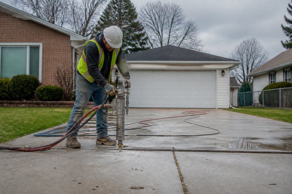 A construction worker in a hard hat and safety vest operating a concrete leveling drill on a sunken residential driveway slab in a suburban Detroit neighborhood, with a residential garage in the background under overcast Michigan sky