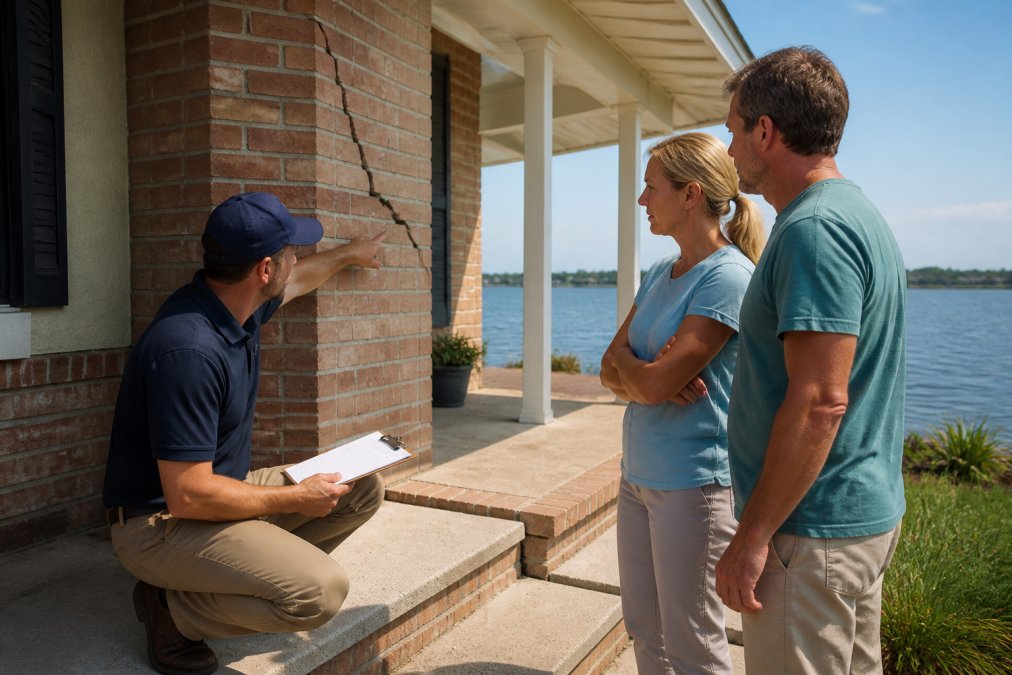 A waterfront home with visible diagonal cracks in the exterior brick and a settling front porch, with the water visible in the background under a clear sky
