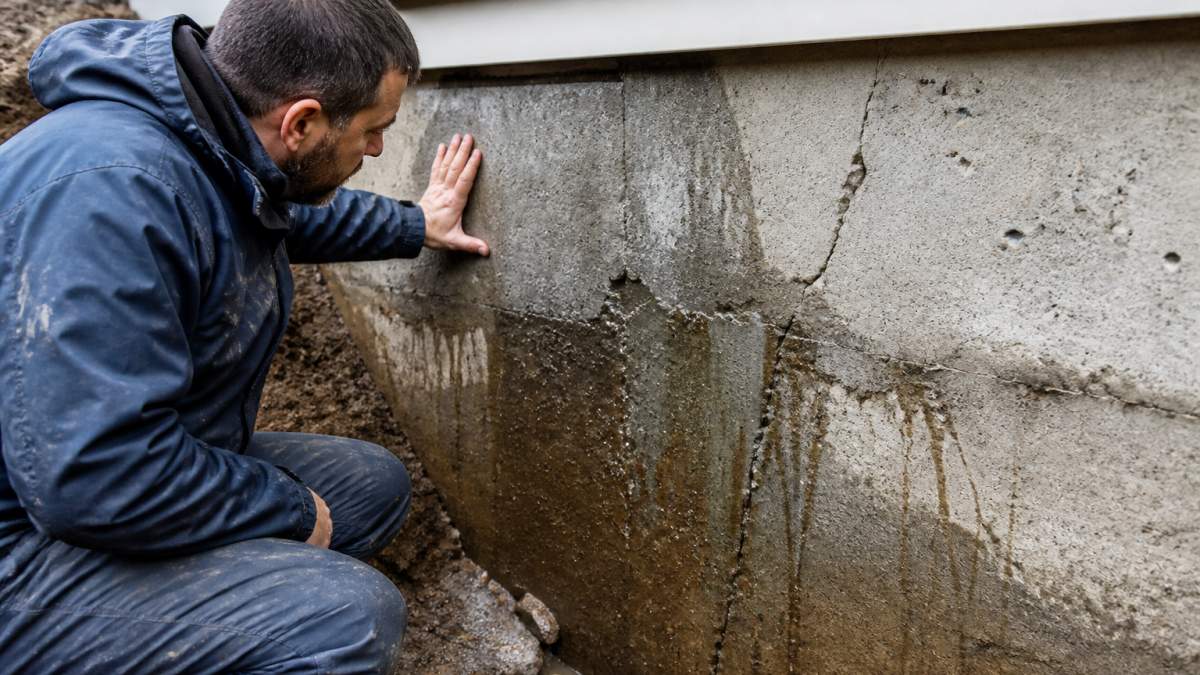 Professional contractor examining foundation wall showing visible water seepage, cracks, and moisture damage on concrete during inspection