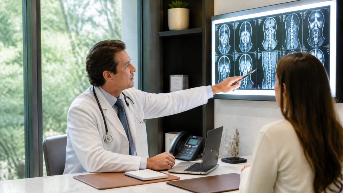 A physician in a bright modern clinic reviewing advanced imaging scans on a large monitor with a patient seated nearby