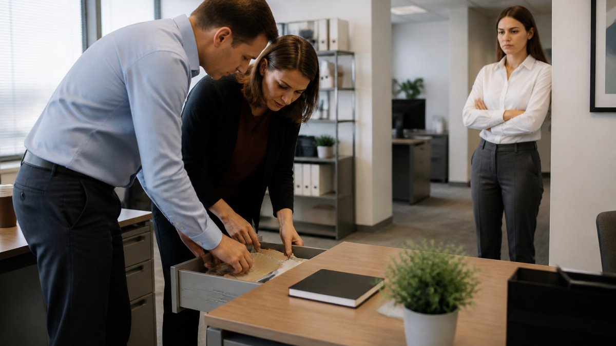 Supervisor and HR representative searching an office desk while an employee observes, raising questions about workplace