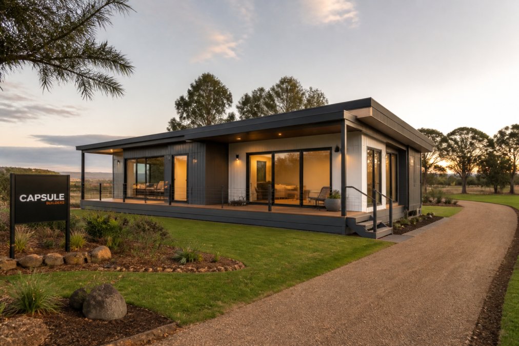 Exterior shot of a completed modular home on regional land with professional landscaping, modern architectural design, and finished steel-framed structure set against natural surroundings