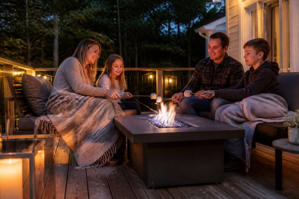 Famille profitant d'une soirée chaleureuse sur une terrasse autour d'un foyer extérieur au propane allumé.
