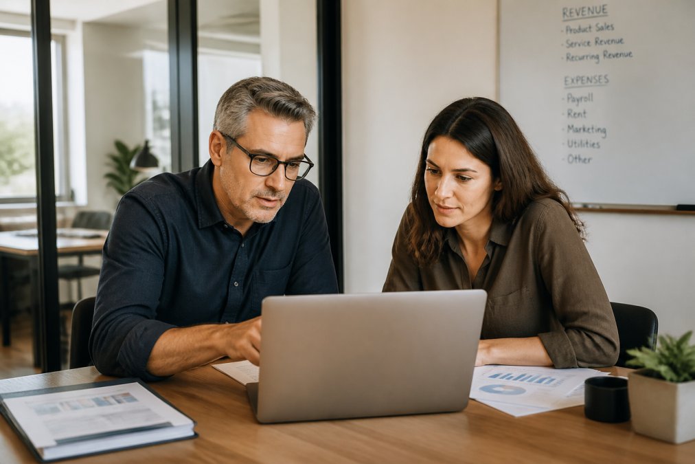 Consultant and business owner reviewing cash flow data for fractional CFO services on a laptop in a modern office.